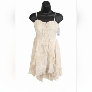 NWT Cream Lace Corset Mini Dress Boho Cottagecore Lace-Up Babydoll Adjustable St